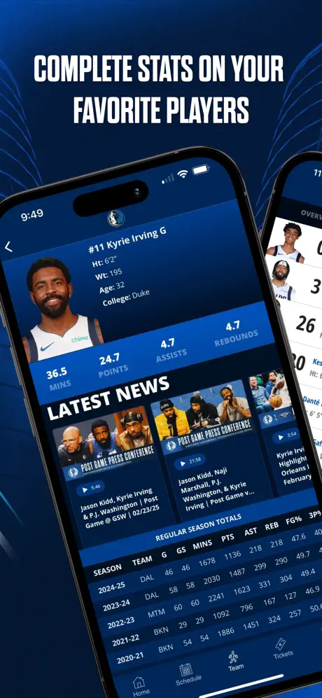 Screens from the official Dallas Mavericks NBA app showing game center and fan experience.
